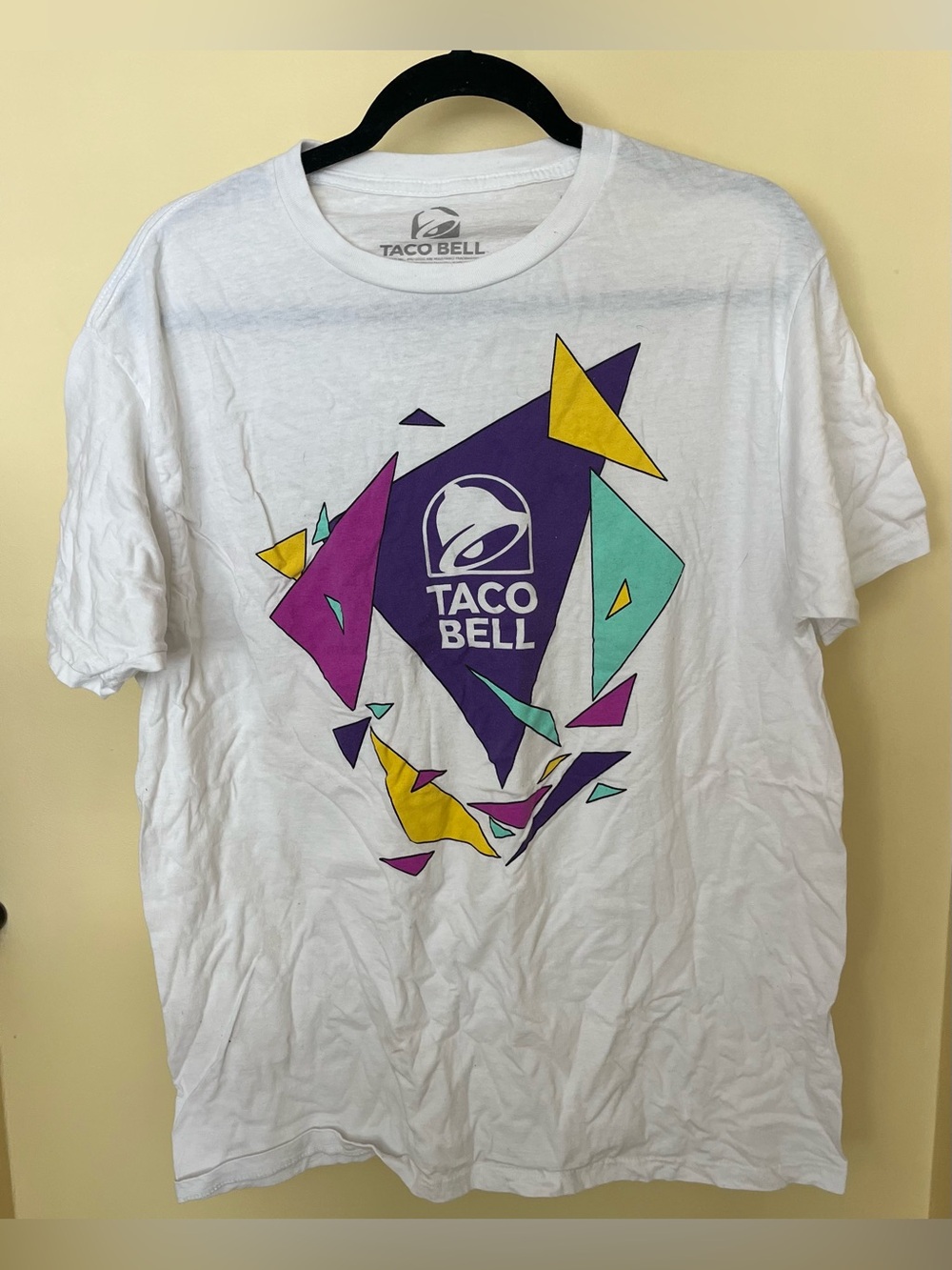 Taco Bell White Graphic Tee with Purple & Teal Accents